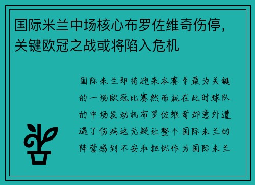 国际米兰中场核心布罗佐维奇伤停，关键欧冠之战或将陷入危机